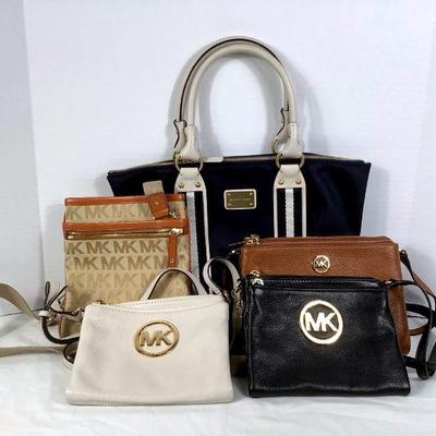 GRLI238 Michael Kors Handbags Assortment	Blue and white large handbag, all leather and leather handles. Tan crossbody bag with large MK...