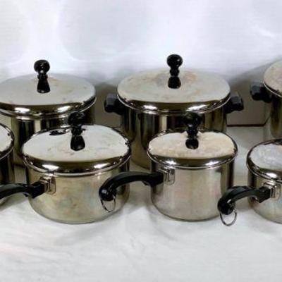 GRLI216 Vintage 8pc Faberware Pot Pans Collection	From 6qt to 1qt pots, all have their lids as well. 
