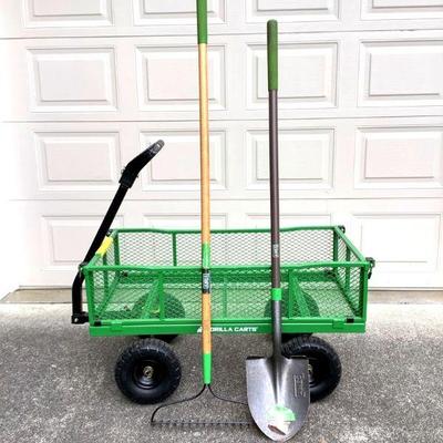 GRLI204 Gorilla Steel Utility Cart/Yard Tools	2 Ames rake and spade shovel. Gorilla Steel utility cart, model # 2140GCG-NF. Has a nice...