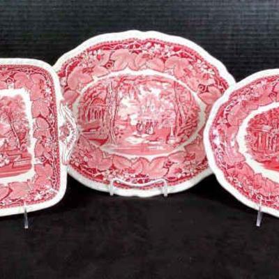 GRLI237 Vintage Mason’s “Vista” Ironstone Cake Plate & Serving Platers	Cake plate and 2 serving plates, one is 6x11 and 14x11.
