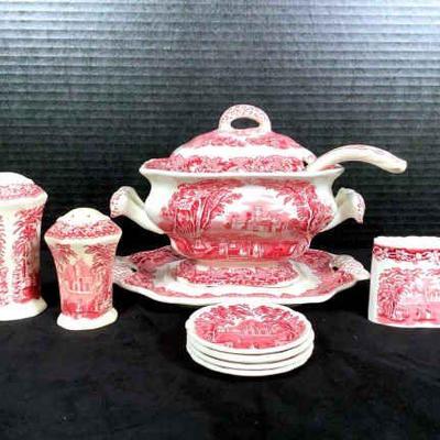GRLI235 Vintage Mason’s “Vista” Ironstone Soup Tureen & More	A mini version soup tureen with spoon. Salt & pepper shakers,...
