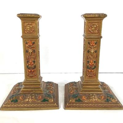 GRLI218 Pair Of Antique Polychrome Candle Holders	From AMW(Art metal works) Newark Ronson. Has medallion heads on all four sides as with...