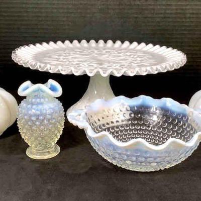 GRLI225 Fenton Glass Pieces	Fenton Spanish lace silver crest pedestal dish. Bowl and 40's Fenton opalescent ruffled hobnail. A pair...