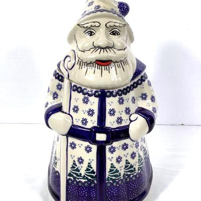 GRLI223 Blue Rose Polish Pottery Cookie Jar	Handmade in Poland, festive fur Santa. Looks to be good condition.
