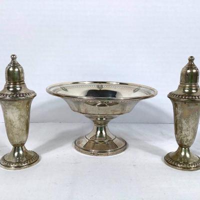 GRLI219 Weighted Sterling	Salt and Pepper shakers, stamped" Empire weighted Sterling 241". Candy dish, stamped "Weighted...