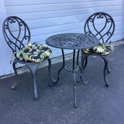 BEDO308 3-Piece Patio Set	Decorative metal set.  Minor scratches that can be covered by paint.  Table is approximately 23" wide and...