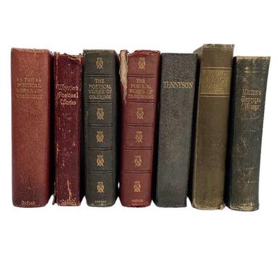 BEDO708 Antique Poetry Books	7 books, the poetical works of Wordsworth, Whittier's poetical works, the poetical works of Coleridge,...