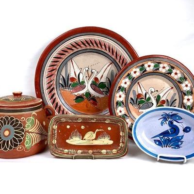 BEDO200 Vintage Tonala Mexican Pottery	Some of these pieces are made out of red clay. Two of the plates look to be hung on a wall, Hand...