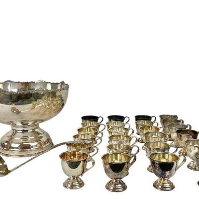 BEDO714 Vintage Nickel Silver Punch Bowl And Cups	Bowl ( approximately 9" x 12" x 12") stamped nickel silver Japan on...