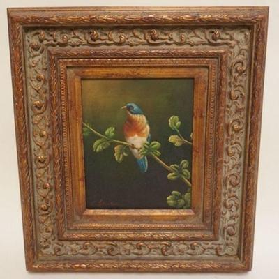 1102	CONTEMPORARY OIL PAINTING ON CANVAS, BIRD ON BRANCH, ARTIST SIGNED LOWER LEFT, APPROXIMATELY 16 IN X 19 IN OVERALL
