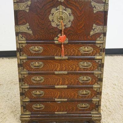 1132	ASIAN WOOD CHEST WITH 5 DRAWERS, 2 DOORS HAVING ORNATE APPLIED METAL ACCENTS, APPROXIMATELY 21 IN X 15 IN X 35 IN
