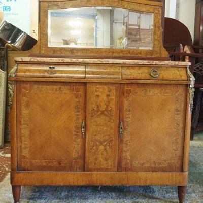 1171	MARBLE TOP 2 DRAWER, 2 DOOR SERVER WITH BEVELED MIRROR TOP AND OLIVE WOOD INLAY APPROXIMATELY 50 IN X 20 IN X 63 IN H, 1 DRAWER PULL...