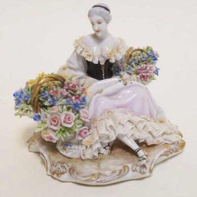 1003	DRESDEN LACE FIGURE OF WOMAN W/FLOWER BASKETS, APPROXIMATELY 5 IN HIGH, SOME LOSS TO LACE
