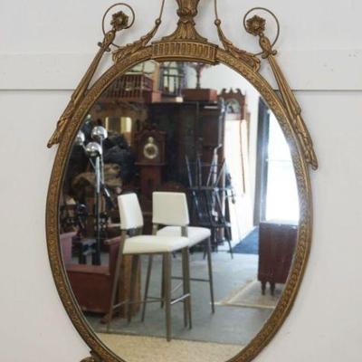 1119	OVAL HANGING MIRROR WITH FLORAL URN CREST, APPROXIMATELY 26 IN X 46 IN
