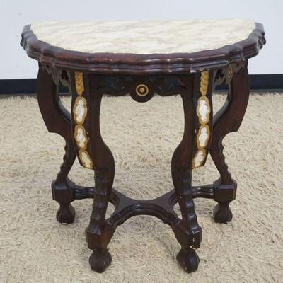 1144	PAINT DECORATED FAUX MARBLE TOP DEMI LUNE STAND, APPROXIMATELY 25 IN X 13 IN X 25 IN H
