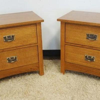 1182	PAIR OF MISSION OAK ARTS & CRAFTS STYLE NIGHTSTANDS, 2 DRAWER, BASSET LEGEND

