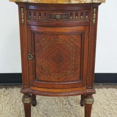 1116	FRENCH MAHOGANY MARBLE TOP 1 DRAWER, 1 DOOR STAND WITH DIAMOND BOOK MATCHED VENEER AND BANDED INLAY, APPROXIMATELY 18 IN X 16 IN X...