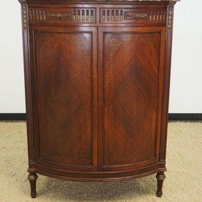1113	DIAMOND BOOK MATCHED VENEER AND DIAMOND INLAY FRENCH MARBLE TOP MAHOGANY 2 DOOR CHEST WITH BANDED INLAY AND 6 INTERIOR DRAWERS UNDER...