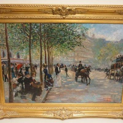 1104	LARGE CONTEMPORARY OIL PAINTING ON CANVAS, STREET SCENE WITH HORSES  BUGGYS, ARTIST SIGNED JOHN CROSPEY, APPROXIMATELY 33 IN X 44 IN...