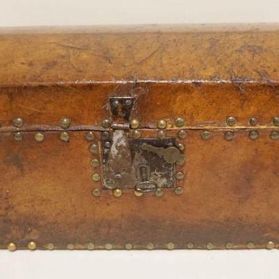 1111	DOME TOP WOOD CHEST, LEATHER COVERED WITH BRASS TACK ACCENTS, LOCK WITH KEY, APPROXIMATELY 20 IN X 11 IN X 10 IN
