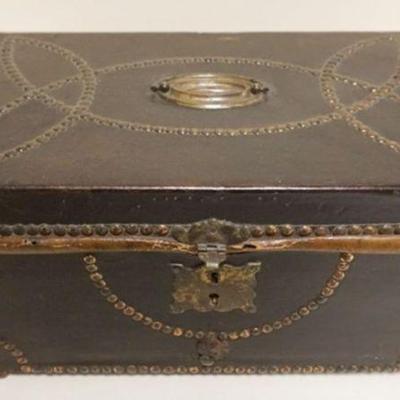 1110	COMETEMPORARY WOOD DOCUMENT BOX, LEATHER COVERED WITH BRASS ACCENTS, APPROXIMATELY 9 IN X 15 IN X 7 IN H, LATCH BROKE
