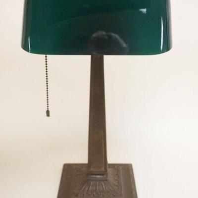 1080	ANTIQUE EMERALITE BANKERS DESK LAMP WITH ORIGINAL GREEN CASED GLASS SHADE, APPROXIMATELY 19 IN H
