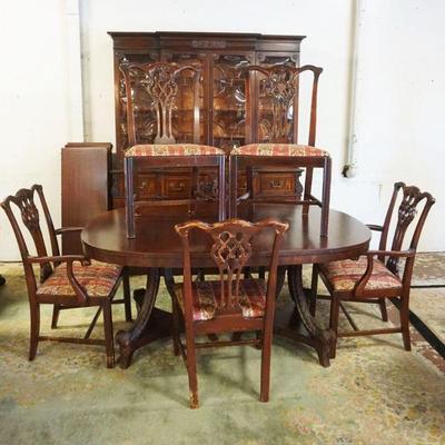 1170	MAHOGANY DINING ROOM SET WITH 2 PART BREAKFRONT HAVING BUBBLE GLASS AND DESK INTERIOR, DOUBLE PEDISTAL OVAL TABLE WITH 4 LEAVES AND...