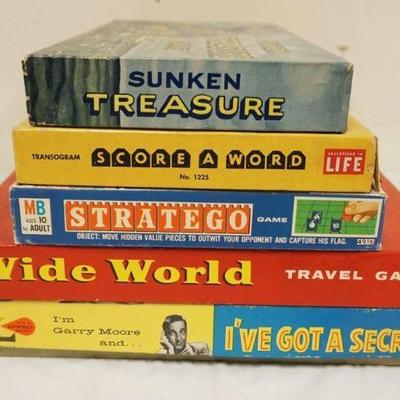 1245	5 VINTAGE BOARD GAMES INCLUDING SUNKEN TREASURE, SCORE A WORD, STRATEGO, WIDE WORLD TRAVEL GAME, GARY MOORE *I'VE GOT A...