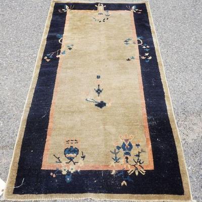 1222	ANTIQUE HAND WOVEN ORIENTAL THROW RUG, APPROXIMATELY 3 FT X 5 FT 8 IN, WEAR TO TOP
