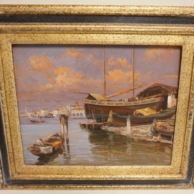 1099	OIL PAINTING ON CANVAS, HARBOR SCENE, APPROXIMATELY 24 IN X 28 IN OVERALL
