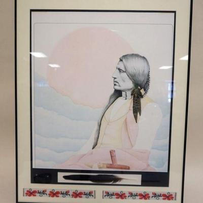 1089	GERRY BIRON PRINT WITH BEADED WORK BANDS *SPIRIT WARRIOR*, APPROXIMATELY 25 IN X 30 IN, ARTIST INFO ON BACK
