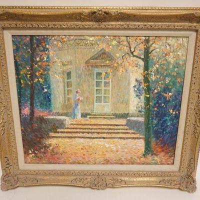 1100	CONTEMPORY OIL PAINTING ON CANVAS, PATRICK MAK, IMAGE OF A WOMAN CARRYING FLOWERS, APPROXIMATELY 30 IN X 27 IN OVERALL
