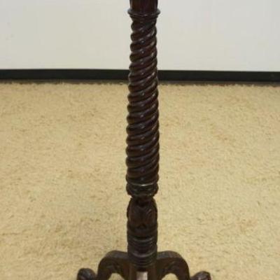 1186	MAHOGANY PEDESTAL WITH SPIRAL TURNED COLUMN AND BALL AND CLAW FEET, APPROXIMATELY 10 IN X 52 IN H
