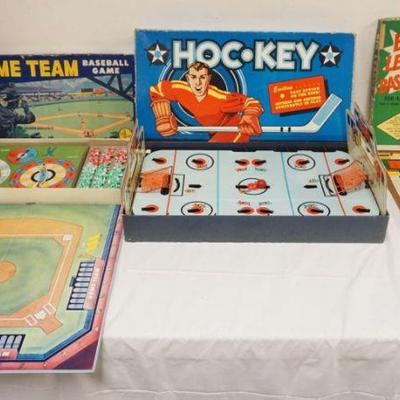 1243	VINTAGE GAMES INCLUDING CADACO HOC-KEY, SAALFIELD BASEBALL, SELRIGHT HOME TEAM, BASEBALL BOARD GAME, UNTESTED, UNSURE IF COMPLETE
