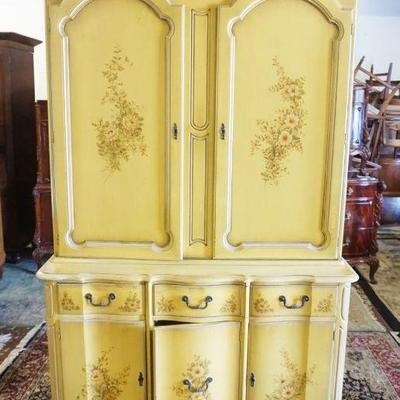 1178	FLORAL PAINT DECORATED BLIND CHINA CUPBOARD WITH DESK INTERIOR, APPROXIMATELY 48 IN X 20 IN X 82 IN H
