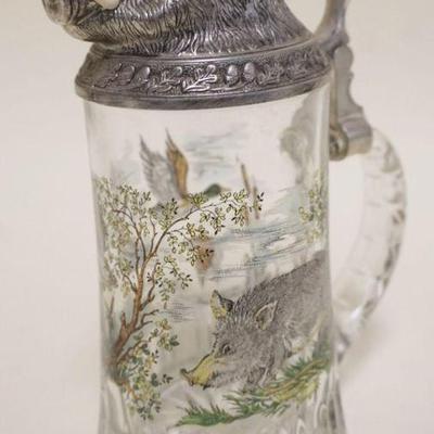 1078	GERMAN GLASS STIEN WITH HAND PAINTED SCENE OF BOAR AND GEESE, EMBOSSED PEWTER BOARS HEAD LID, APPROXIMATELY 9 IN
