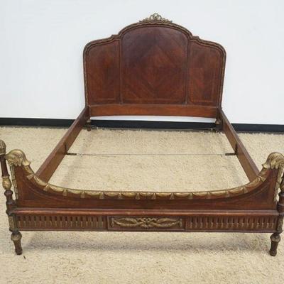 1115	FRENCH MAHOGANY ORNATE BED WITH GILT WOOD ACCENTS AND DIAMOND BOOOK MATCHED VENEER WITH BANDED TRIM, APPROXIMATELY 48 IN X 80 IN X...
