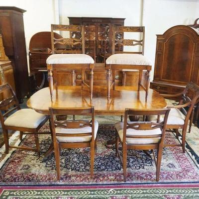 1174	DIMINUATIVE FLINT 10 PIECE WALNUT DINING ROOM SET INCLUDING SIDEBOARD SERVER, BLIND DOOR ARCHED TOP CHINA, 6 CHAIRS AND TABLE WITH 2...
