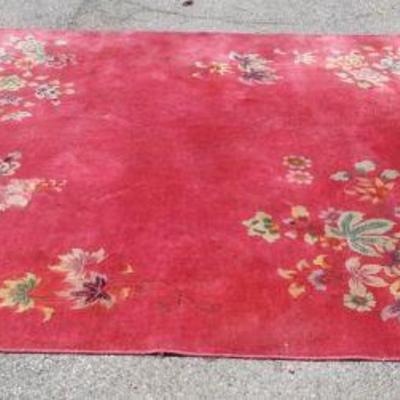 1204	ANTIQUE ROOM SIZE HAND WOVEN ORIENTAL RUG, APPROXIMATELY 11 FT X 9 FT, SOME WEAR TO TOP
