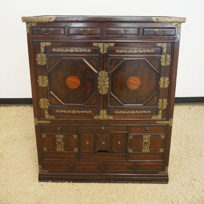 1135	ANTIQUE ASIAN WOOD 6 DOOR, 7 DRAWER CABINET WITH APPLIED METAL ACCENTS, APPROXIMATELY 40 IN X 16 IN X 49 IN H, 1 PIECE SLIDING DOOR...