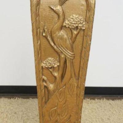 1137	CARED WOODEN PEDISTAL WITH PEACOCKS AND BIRDS HAVING A GREEN MARBLE TOP, APPROXIMATELY 12 IN SQUARE X 55 IN H
