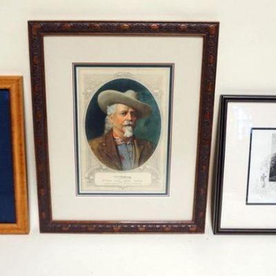 1101	GROUP OF 3 ENGRAVINGS AND PRINT, GENERAL CUSTER, BUFFALO BILL, BATTLE OF WATERLOO, LARGEST APPROXIMATELY 15 IN X 18 IN OVERALL
