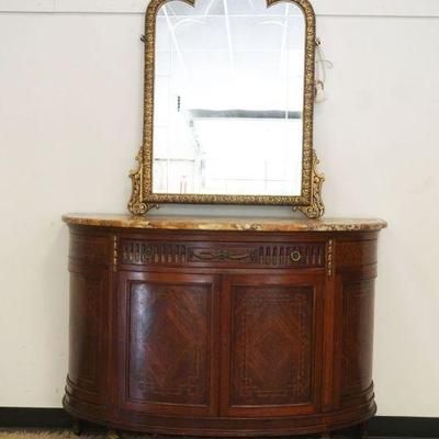 1114	DIAMOND BOOK MATCH VENEER AND BANDED INLAY 4 DOOR FRENCH MARBLE TOP CHEST WITH 4 INTERIOR DRAWERS UNDER 1 DRAWER WITH HANGING...