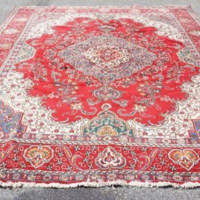 1209	HAND WOVEN ORIENTAL ROOM SIZE RUG, APPROXIMATELY 9 FT  X 12 FT 8 IN,  WEAR TO TOP
