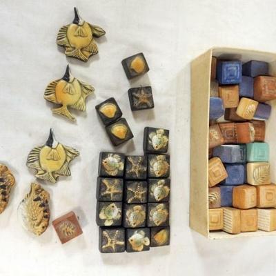 1064	NATALIE SURVING ARCHITECTURAL TILES, SURVING STUDIOS, GROUP OF ASSORTED FISH, SHELL AND BLANK TILE, APPROXIMATELY 1 IN SQUARE
