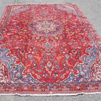 1210	ANTIQUE HAND WOVEN ORIENTAL RUG, APPROXIMATELY 6 FT 11 IN X 10 FT 2 IN, SOME MOTH DAMAGE TOWARDS ONE END

