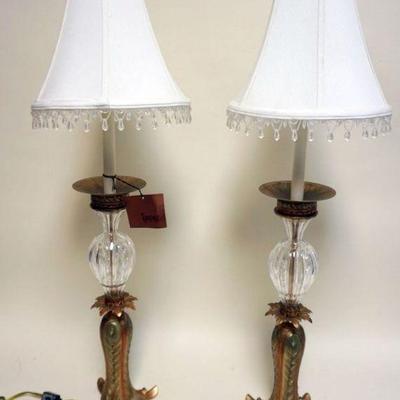 1108	PAIR OF TYNDALE GILE METAL AND GLASS TABLE LAMPS, APPROXIMATELY 35 IN H
