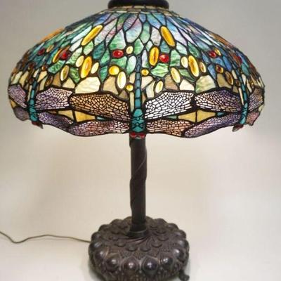 1107	QUALITY CONTEMPORARY TIFFANY STYLE DRAGONFLY TABLE LAMP, APPROXIMATELY 28 IN H
