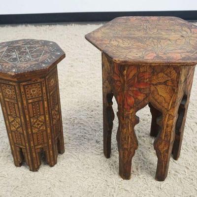 1142	INLAID MOORISH STAND AND FLEMISH ART STAND, LARGEST APPROXIMATELY 15 IN X 21 IN H, LOSS TO INLAY
