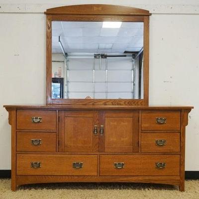 1183	MISSION OAK ARTS & CRAFTS STYLE DRESSER, 8 DRAWERS W/2 CONCEALED DRAWERS & MIRROR TOP, INLAID BUTTERFLY DESIGN, BASSET...